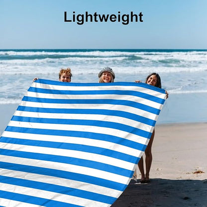 Blue Stripe Beach Blanket Sandproof Waterproof, Extra Large 78"×86" Beach Mat for 1-4 Adults w/Stake & Pocket,Compact Lightweight Sand Free Picnic Mat Beach Essential-Ultra Marine