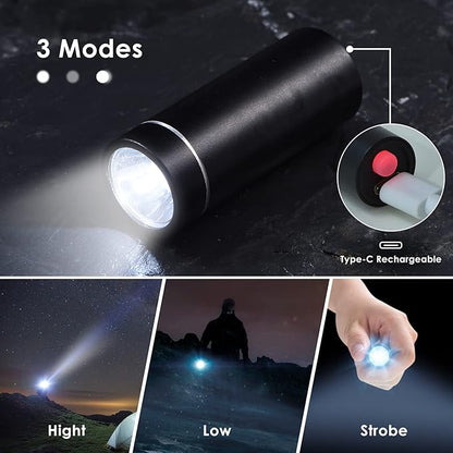 Mini Flashlight, Pocket Handheld Wrist Watch Flash Light, 200 Lumens Adjustable Brightness LED Torch, Powered Rechargeable Battery USB C Cable for Dog Walking Camping