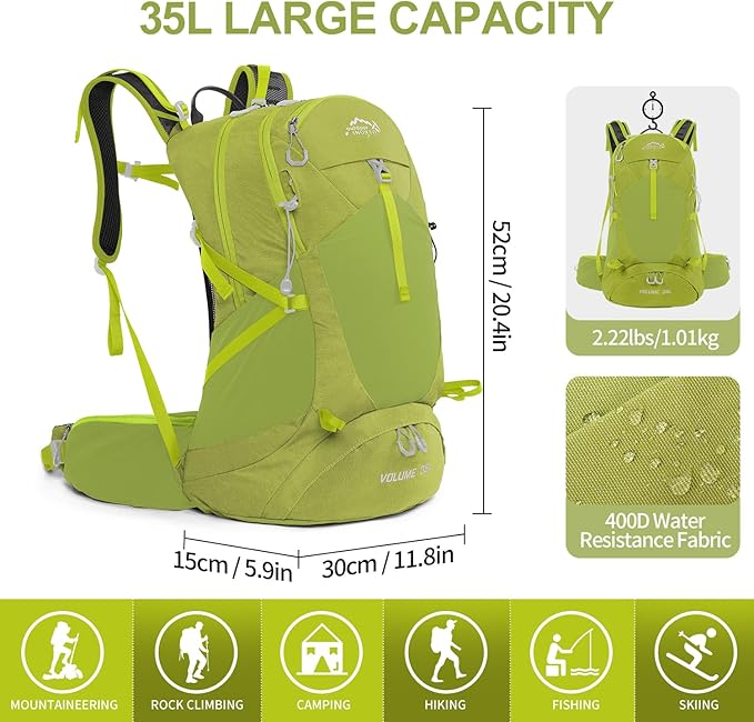Hiking Backpack,35L Waterproof Hiking Daypack with 3L Water Bladder and Rain Cover, Lightweight Travel Camping Backpack for Men Women (Fruit green)