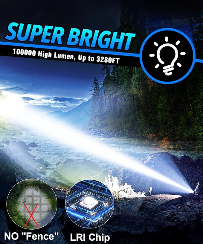 Flashlights High lumens Rechargeable USB C Flash Light, Super Bright LED Flashlight with 100,000 Lumens, Long Beam 3280Ft, IPX5 Waterproof Tactical Flashlight Powerful for Emergency, Camping