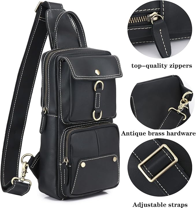 KPYWZER Sling Bag Men Women Genuine Leather Shoulder Backpack Satchel Chest Casual Daypack Crossbody Outdoor Day Pack Backpacks Black