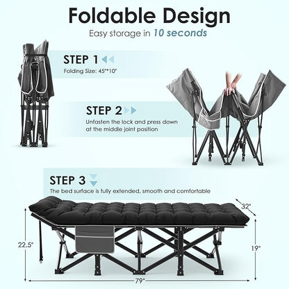 Suteck Camping Cot, 32In XXL Folding Camping Cot Heavy Duty Sleeping Bed for Adults 1200D Double Layer Oxford Cots for Camping W/Pilllow Mattress Carry Bag for Home Office Nap Beach Travel, 500LBS