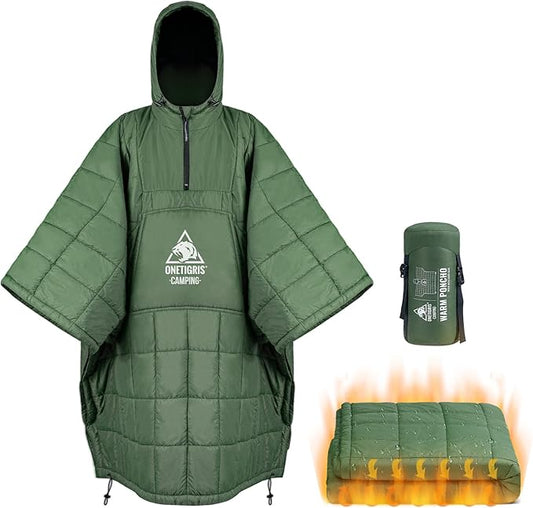 OneTigris Camping Blanket Honcho Poncho with 3M Thinsulate Insulation,Wearable Sleeping Bag Poncho for Camping Large Ultralight Water-Resisitant Warm Wearable Blanket for Outdoor Camping,Hiking
