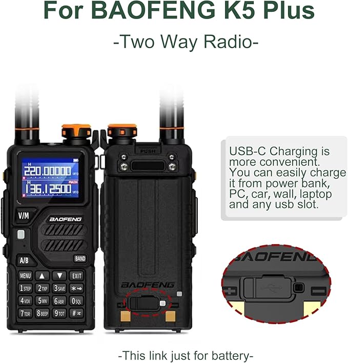 BAOFENG 2 Pack UV-5RM Battery 2500mAh Enlarge Capacity for UV-5RH Two Way Radio USB-C Charging 7.4V BL-5RH Li-ion Battery Replacement GM-5RH Walkie Talkie Accessories