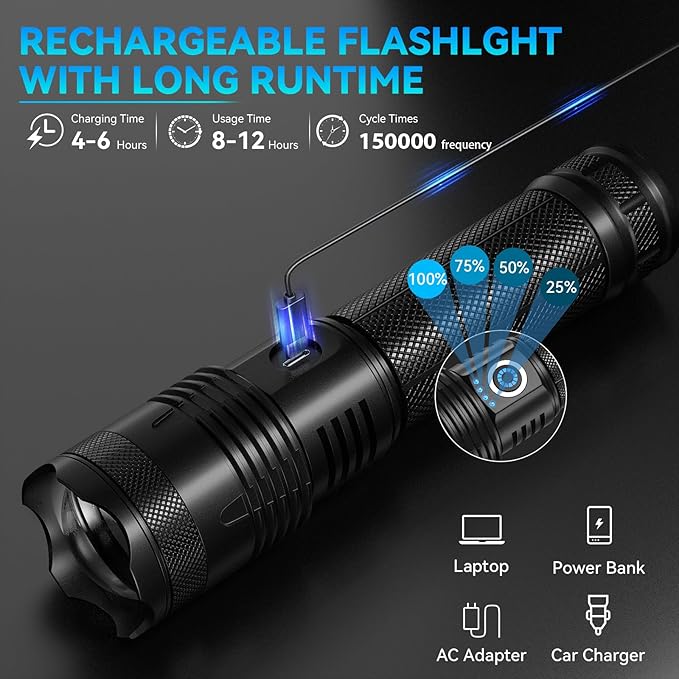 Rechargeable Flashlights High Lumens, 990000 Lumens Super Bright LED Flash Light with 5 Modes, IPX6 Waterproof Flashlight with Large Capacity, Bright Flashlights for Home Camping