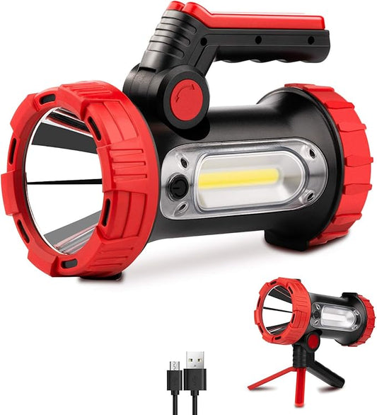 Rechargeable Spotlight, 6000Lumens LED Spotlight Flashlight 6 Modes Bright Handheld Large Flashlight with Tripod & Mobile Charger Waterproof Searchlight for Camping Outdoor Emergency as Gift