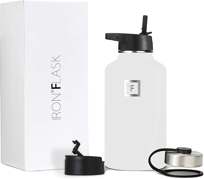 IRON °FLASK Camping & Hiking Hydration Flask, Wide Mouth, 3 Straw Lids, Stainless Steel Outdoor Water Bottle, Double Walled, Insulated Thermos, Metal Canteen - Winter White, 64 Oz