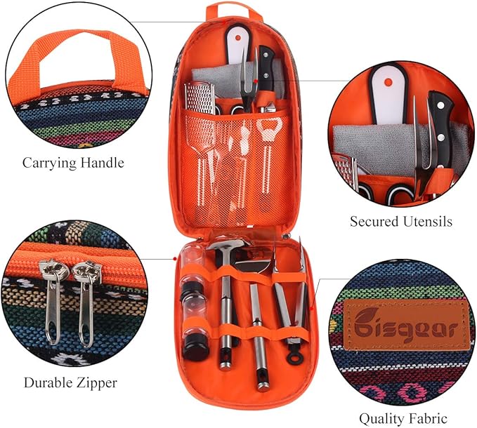 Bisgear Backpacking Camping Cookware Camp Kitchen Utensil BBQ Organizer Travel Mess Kit with Water Resistant Case, Cutting Board, Rice Paddle, Tongs, Scissors, Knife, Spork