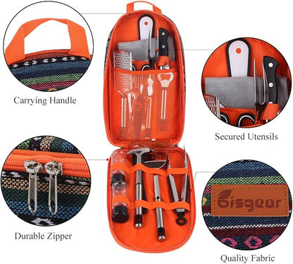 Bisgear Backpacking Camping Cookware Camp Kitchen Utensil BBQ Organizer Travel Mess Kit with Water Resistant Case, Cutting Board, Rice Paddle, Tongs, Scissors, Knife, Spork