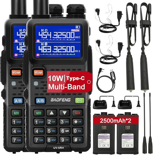 BAOFENG UV-5RM 10W Ham Radio, GMRS Handheld Radio Long Range with Tactical Antenna, Portable Two Way Walkie Talkie for Adults 5RM Multi-Band Radio with Air Duct Earpiece & 2500mAh Type-C Battery