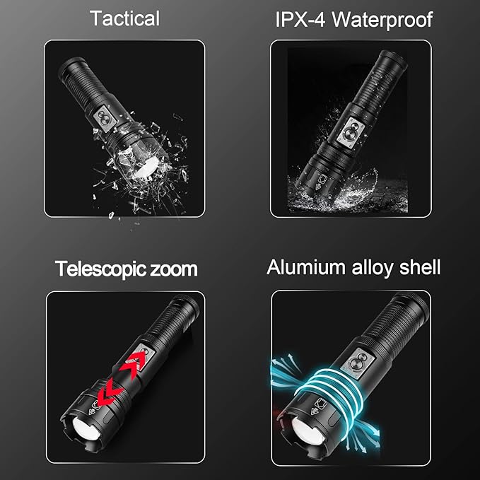 Multifunctional Rechargeable Flashlights High Lumens, 2-in-1 Super Bright Flashlight & Camping Lights, Waterproof Tactical Flashlights with Zoomable, 4+6 Modes for Camping, Hiking, Emergencies