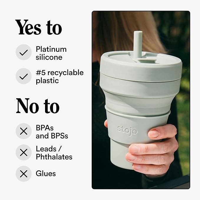 STOJO Titan Collapsible Travel Cup With Straw - Carbon Gray, 24oz / 710ml - Reusable To-Go Pocket Size Silicone Cup for Hot & Cold Drinks - Camping and Hiking - Microwave & Dishwasher Safe