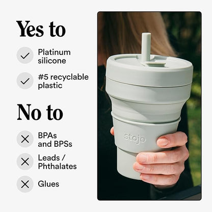STOJO Titan Collapsible Travel Cup With Straw - Carbon Gray, 24oz / 710ml - Reusable To-Go Pocket Size Silicone Cup for Hot & Cold Drinks - Camping and Hiking - Microwave & Dishwasher Safe