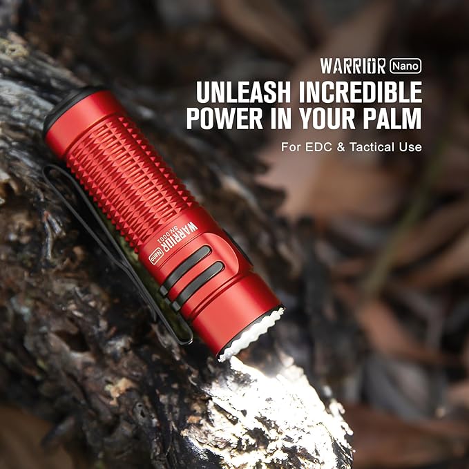 OLIGHT Warrior Nano Tactical Flashlight, 1200 Lumens Rechargeable LED Light with MCC Charger, Dual Switches EDC Flashlight for Emergency, Outdoors and Camping (Red)