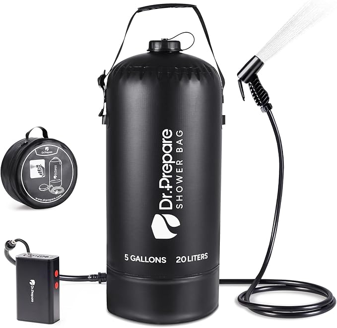 DR.PREPARE Portable Shower with Rechargeable Electric Pump, 4 Gallons/5 Gallons Outdoor Camp Shower Bag, Fast Inflation, Dual Shower Options, Portable for Camping, Hiking, Beach