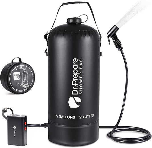 DR.PREPARE Portable Shower with Rechargeable Electric Pump, 4 Gallons/5 Gallons Outdoor Camp Shower Bag, Fast Inflation, Dual Shower Options, Portable for Camping, Hiking, Beach