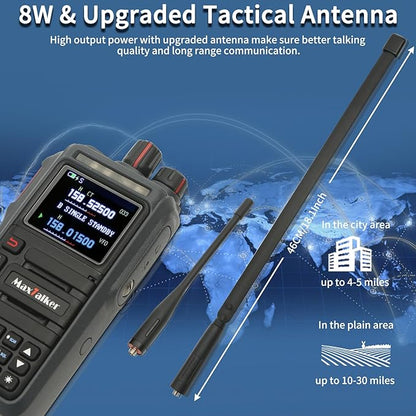 Ham Radio Handheld GMRS Radio: MaxTalker TK-W60 Waterproof Ham Radios Long Range 8W with Tactical Antenna, Two Way Radio Rechargeable Walkie Talkies with Earpiece, Multi-Band VHF UHF Radio for Camping