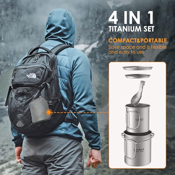 Lixada Camping Titanium Pot,750ml Titanium Pot with 450ml Water Cup Mug Folding Spork Camping Cookware Set for Outdoor Camping Hiking Backpacking