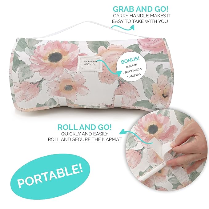 JumpOff Jo - Toddler Nap Mat - Sleeping Bag for Kids with Removable Pillow and Ultra Soft Blanket for Preschool, Daycare, and Sleepovers - Floral Watercolor