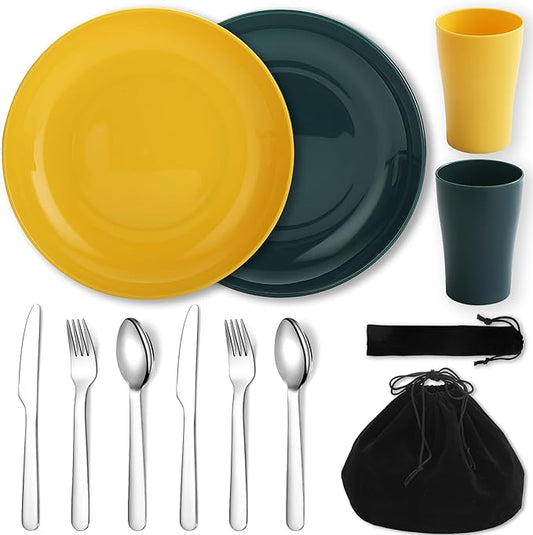 Camping Utensils Mess Kit, Including Camping Spoon, Fork, Knife, Plate and Cup Packed in a Portable Bag, Easy to Carry, Dishwasher Safe