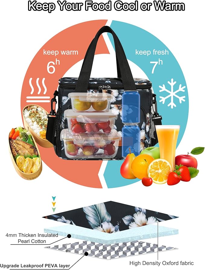 Femuar Lunch Bags for Women/Men, Insulated Lunch Bag for Work Office Picnic - Lunch Cooler Bag Leakproof Lunch Box with Adjustable Shoulder Strap - Hibiscus