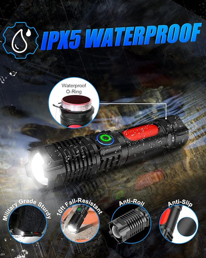 Flashlight USB Rechargeable, Super Bright LED Flashlight 3500LM, Small Tactical Flashlights, Waterproof, Zoomable, Portable Flashlights for Camping, Hiking, Emergency