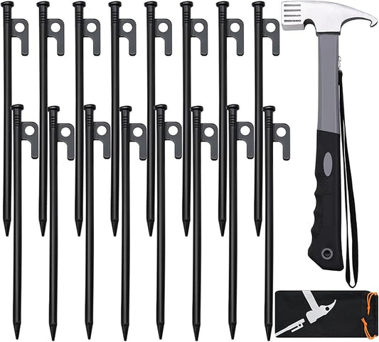 16pcs Tent Stakes and Hammer Set, 12in Heavy Duty Forged Steel Tent Stakes + Camping Hammer + Storage Pouch, Available in Rocky Place (16pcs 12in Stake+Hammer)