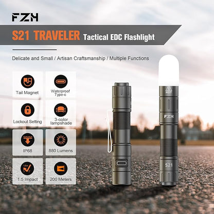FZH S21 Rechargeable LED Flashlight 880 Lumen Mini EDC Tail Switch Flashlight (Powered by USB Rechargeable Battery), Slim Pocket Flash Light with On/Off Locking Mode for Camping, Outdoor, Emergency