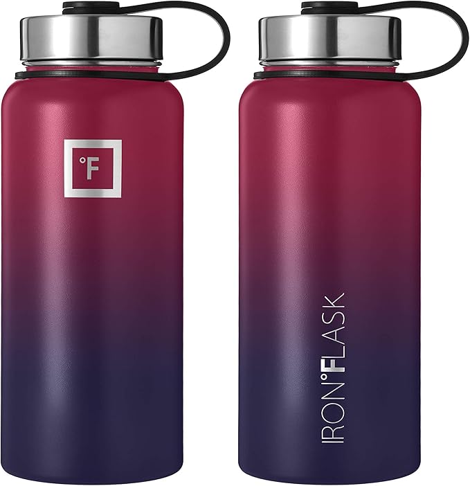 IRON °FLASK Camping & Hiking Hydration Flask, Wide Mouth, 3 Straw Lids, Stainless Steel Outdoor Water Bottle, Double Walled, Insulated Thermos, Metal Canteen - Dark Rainbow, 32 Oz