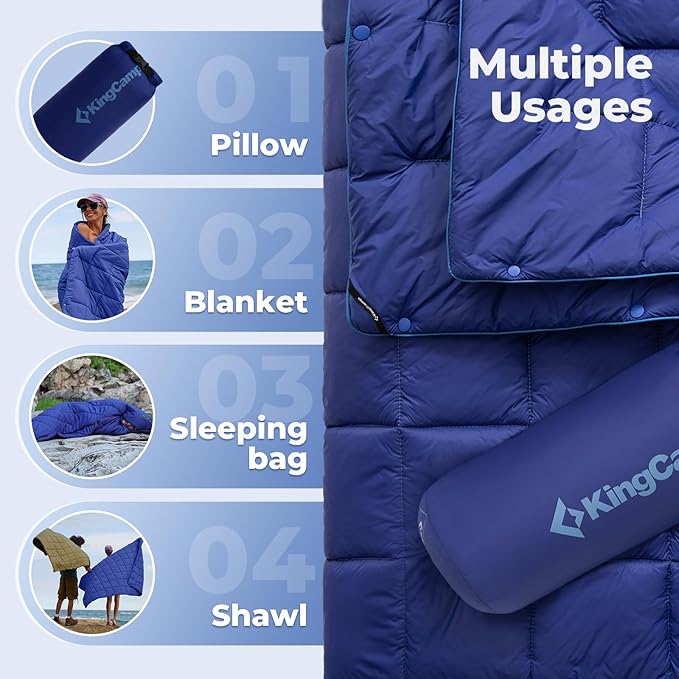 KingCamp Lightweight Camping Blanket - Multifunctional and Warm Quilt with Snap Button, Water Repellent, for Travel, Airplane, Hiking, Picnic