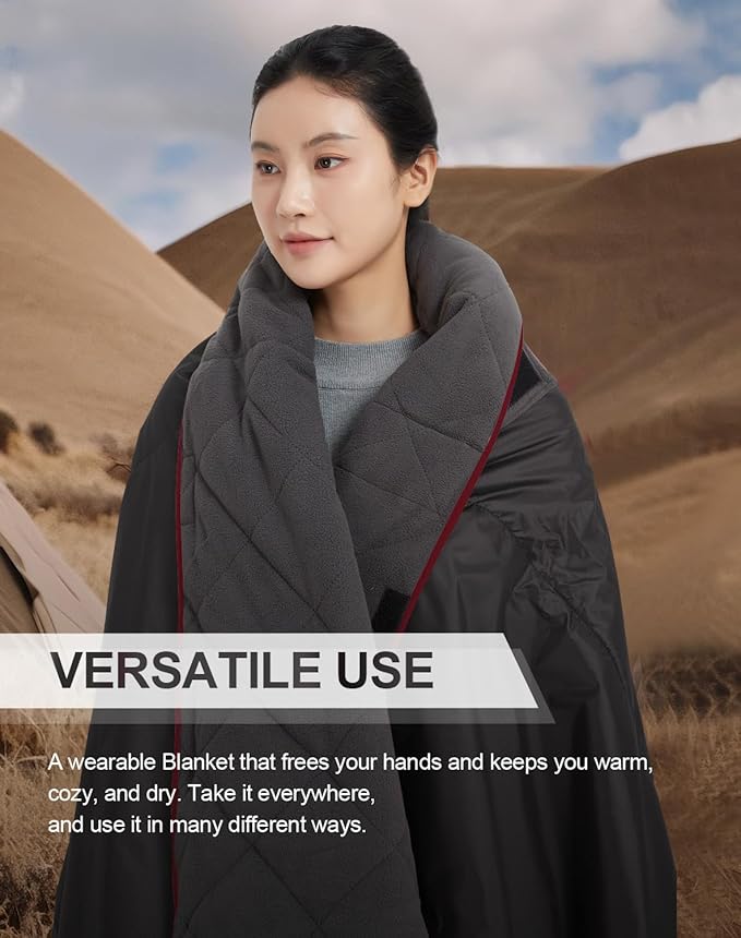 C-LIGHT Outdoor Hoodie Blanket - Stadium Blankets Waterproof Windproof 79’‘x59’‘ - Emergency Blanket for Rain&Cold Weather - Perfect for Picnic, Camping, Outdoor Sports Event, Stadium, Beach (Black)
