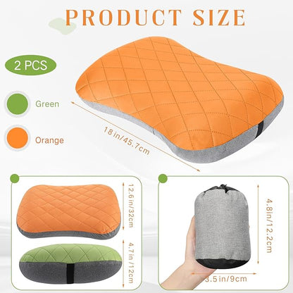 2 Pack Camping Pillow Inflatable Travel Pillow with Removable Cover Backpacking Pillow Blow up Pillow Neck Air Pillow Compressible for Lumbar Support Travel Hiking (Orange,Green)