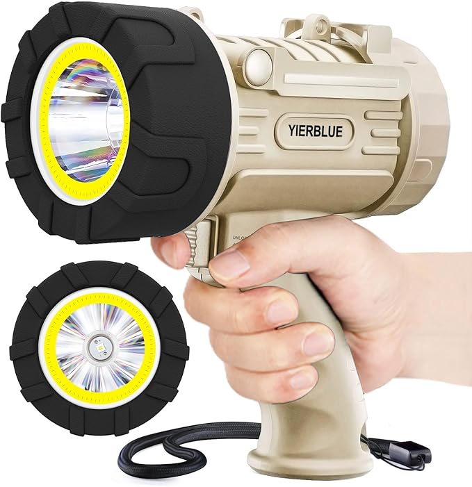 YIERBLUE Rechargeable Spotlight Floodlight Combo 1000,000 Lumen LED, IP67 Waterproof Spot Light COB Flood Light, Impact Resistant Handheld Spotlight with Foldable Stand and Detachable Red Lens
