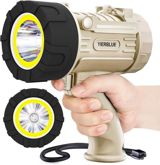 YIERBLUE Rechargeable Spotlight Floodlight Combo 1000,000 Lumen LED, IP67 Waterproof Spot Light COB Flood Light, Impact Resistant Handheld Spotlight with Foldable Stand and Detachable Red Lens