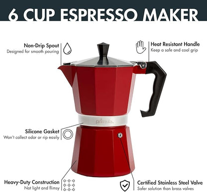 Primula Classic Stovetop Espresso and Coffee Maker, Moka Pot for Italian and Cuban Café Brewing, Greca Coffee Maker, Cafeteras, 6 Espresso Cups, Red