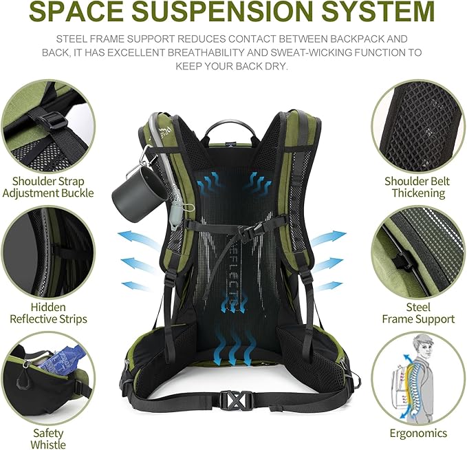 Hiking Backpack,35L Waterproof Hiking Daypack with 3L Water Bladder and Rain Cover, Lightweight Travel Camping Backpack for Men Women (Dark Green)