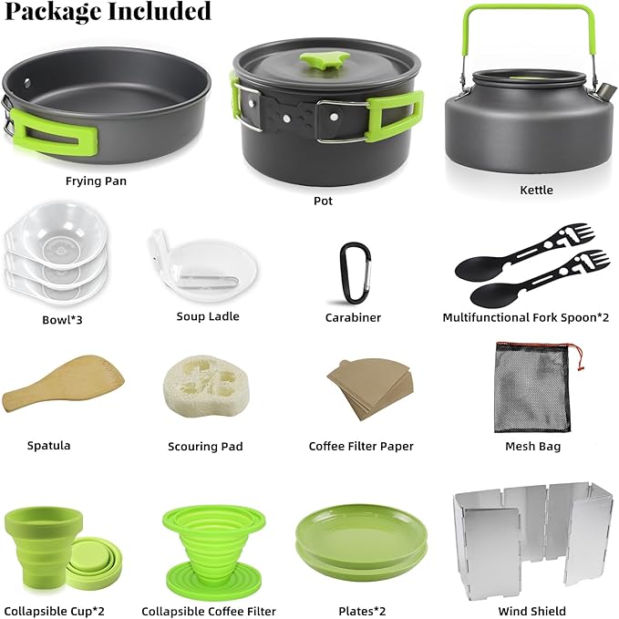 Camping Essentials Cookware Cooking Set, Camping Pots and Pans Set for Backpacking Gear, Car Camping Mess Kit for Camping Stove, Camp Kitchen with Camping Kettle, Pour Over Coffee Dripper