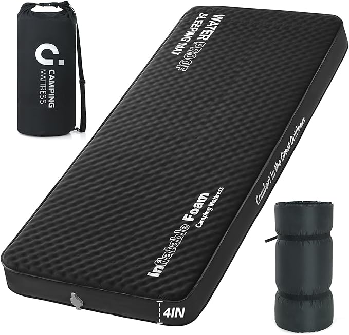 Self Inflating Sleeping Pad, 4in Ultra-Thick Foam Camping Car Mattress with Air Pump Sack, Sleeping Mat for Adults Inflatable Camping Pad Mattress, Single Cot Bed, Travel, Car, Tent, Home, Black