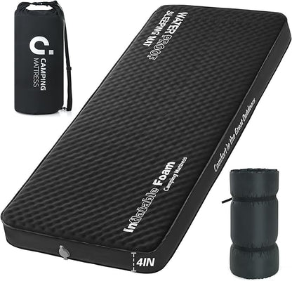 Self Inflating Sleeping Pad, 4in Ultra-Thick Foam Camping Car Mattress with Air Pump Sack, Sleeping Mat for Adults Inflatable Camping Pad Mattress, Single Cot Bed, Travel, Car, Tent, Home, Black