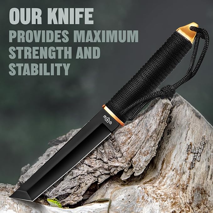 Tanto Camping Knife with Sheath - 3+ Colors - 5,9" Fixed Full Tang Mirror Polished Blade - Cool Survival Knives with Black Paracord Handle - Tactical Work Knives for Hunting Hiking EDC 2307 Black