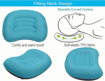 Portable Inflatable Neck Pillow for Outdoor Travel, Camping, Office Naps-Polyester，Color Available-Simple and Comfortable (Cyan)