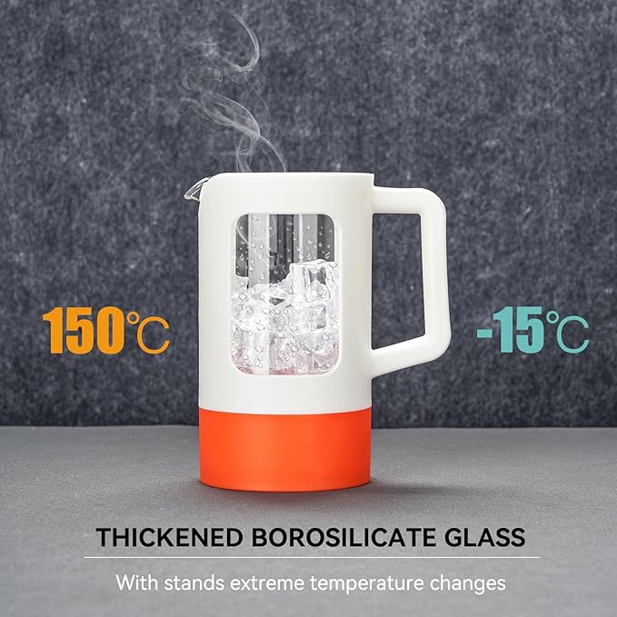 YOLIFE French Press Coffee Maker, 34 oz / 4 Cup Coffee Tea Press with Heat-resistant Borosilicate Glass, 4-Level Filtration Systems, Cold Brew Coffee Maker for Camping Travel Gifts, White and Orange