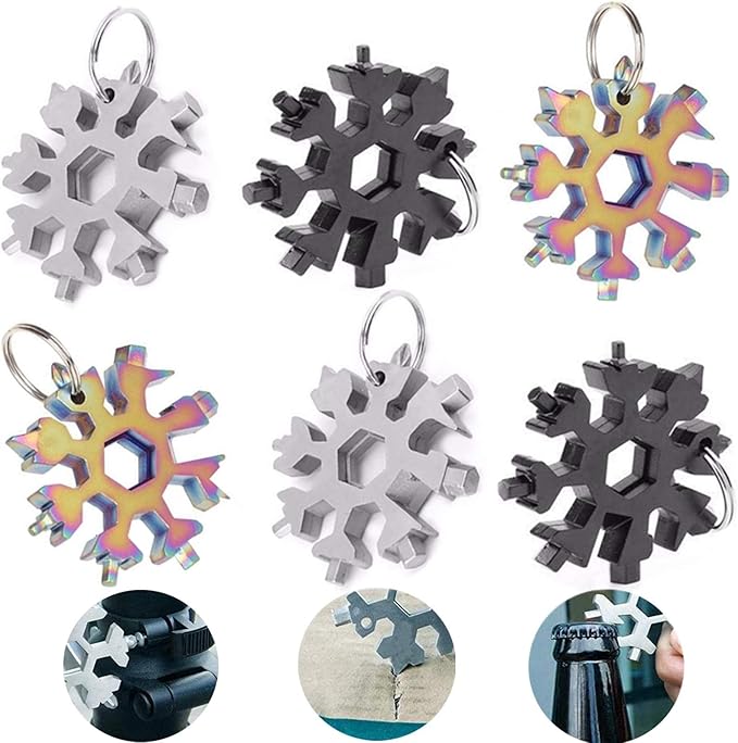 18-in-1 Stainless Steel Snowflake Keychain Multi-Tool Portable Keychain Screwdriver Bottle Opener Tool for Outdoor Camping Gift for Valentine's Day, Birthday, and Happy New Year (Multi 6 PACK)