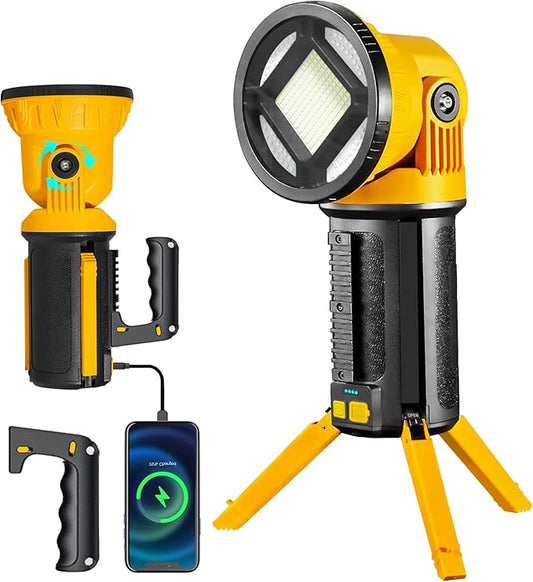 LED Cordless Work Light, Rechargeable Work Light with Foldable Tripod Stand, 180 Degree Rotating, Detachable Handheld Flashlight, 5000 Lumen, Lighting for Workshop, Camping, Outdoor（Medium）