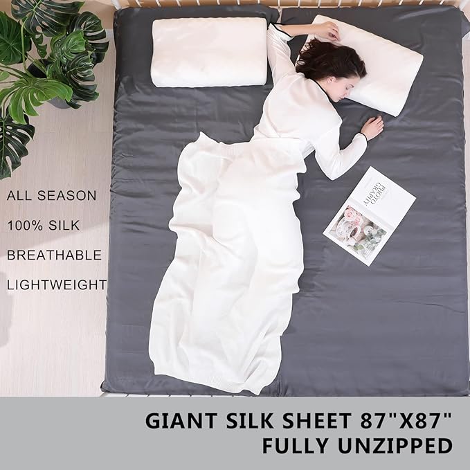 100% Silk Sleep Sack with All Around Zippers, 87”x43” Large Sleeping Sheets for Hotels, Travel & Camping, Multifunctional Travel Sheets (Unzipped:87”x87”) for Adults, Lightweight, All Season