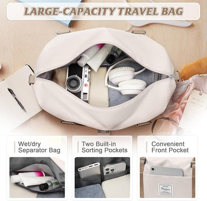 Sports Duffel Bags for Women Beige Weekender Travel Totes Bag for Airplane, Cute Sports Gym Dance Overnight Luggage Bag with Wet Pocket, Carry On Hospital Bag for Labor and Delivery