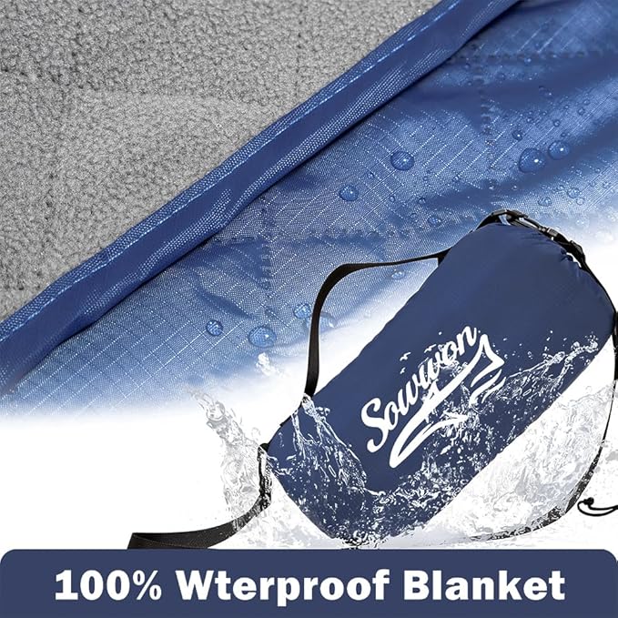 Waterproof Outdoor Blanket 82”X 55” Packable, Stadium Blankets for Camping with Quilted Fleece Lining, Large Windproof Emergency Throw Mat for Garss Picnic Hiking Road Trip, Machine Washable, Navy