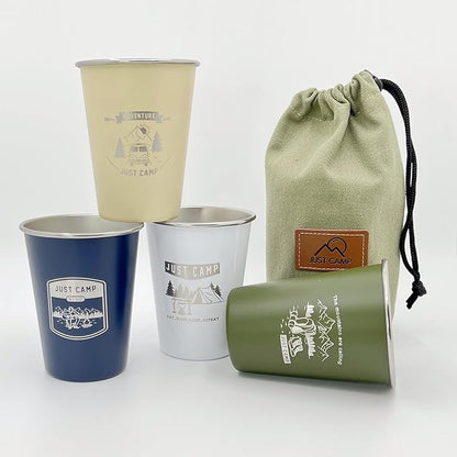 4pcs Camping Cup 11oz Wilderness Theme Pattern 18/8 Stainless Steel for Outdoor Picnic Hiking Fishing Pint cup Tumbler Gift 4 colors