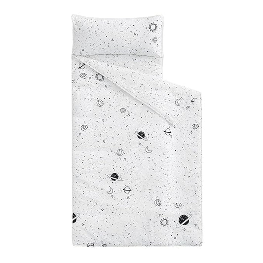 Wake In Cloud - Toddler Nap Mat with Pillow and Blanket, 100% Cotton Fabric, for Kids Boys Girls in Daycare Kindergarten Preschool, Roll Up Sleeping Bag, Black White Spaces, Extra Long