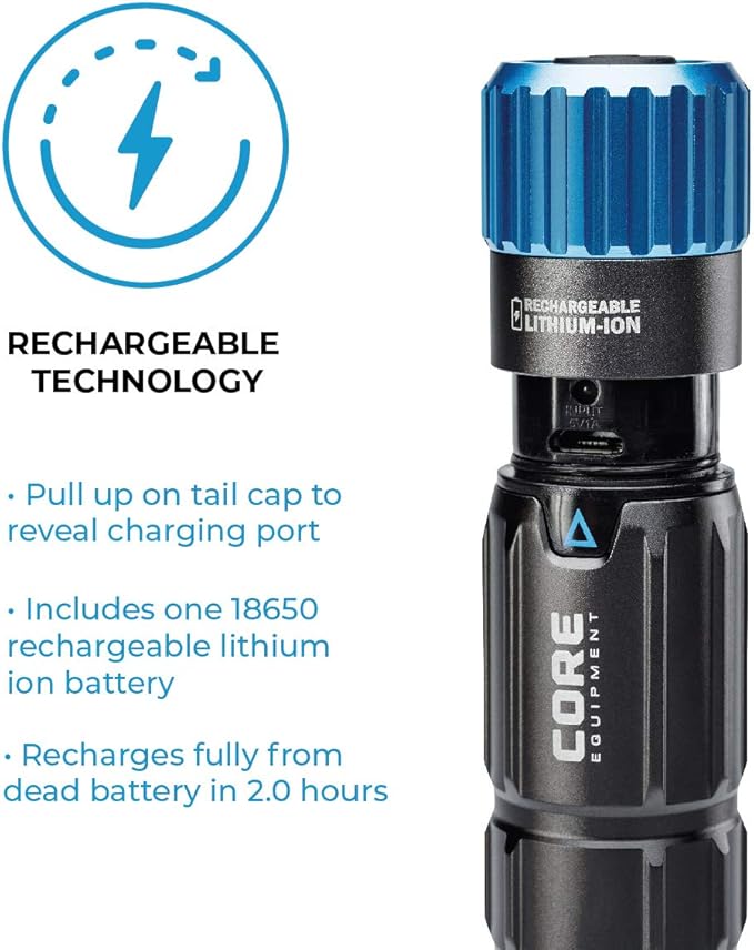 CORE 1000 Lumen CREE LED Rechargeable Camping Emergency Flashlight, IPX4, Two ModesTwo
